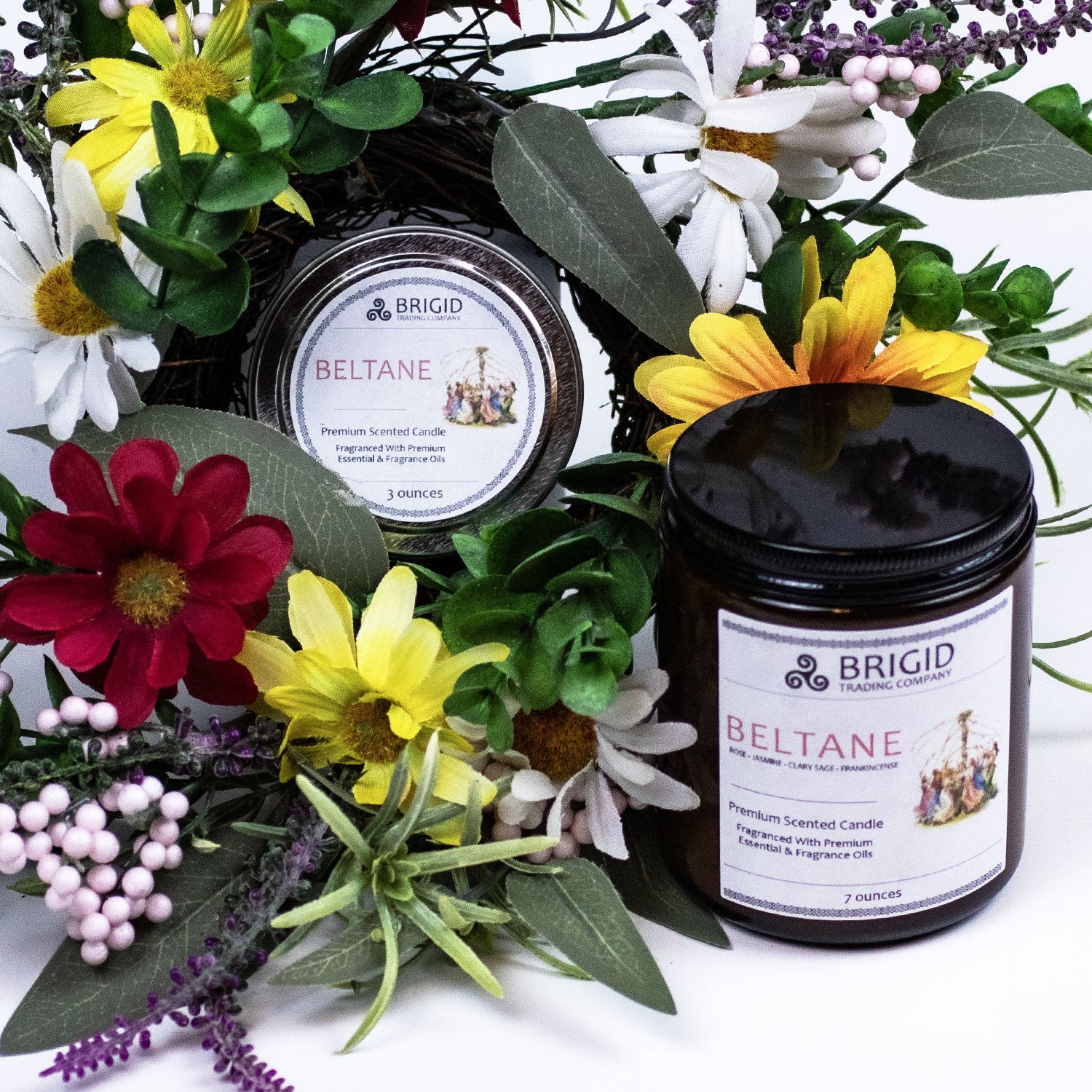 beltane collection main image beltane large soy wax candle and small soy wax candle us grown sustainable fragrances