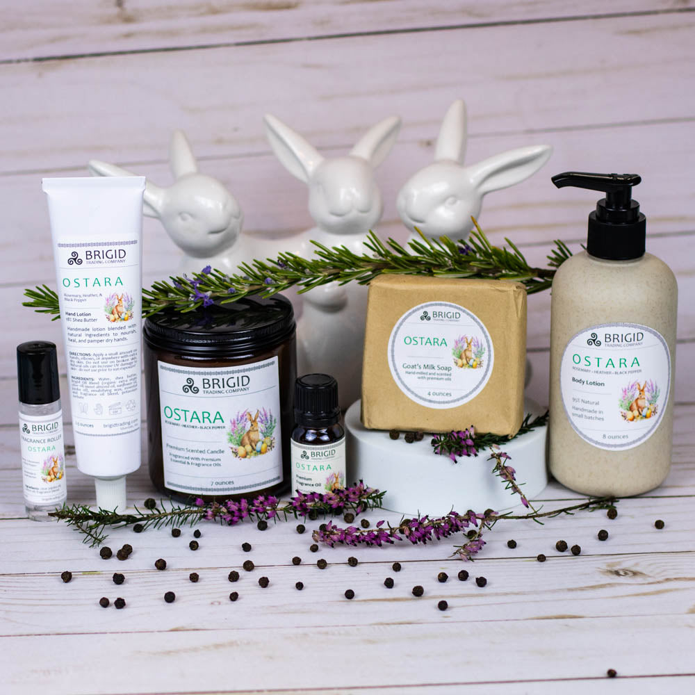 ostara collection fragrance roller hand body lotion soap soy wax candle diffuser oil image shows full collection by brigid trading company easter theme rabbit and ingredients rosemary black pepper heather