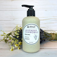 lavender chamomile natural body lotion hand crafted american made by hand in washington state by brigid trading company small business wheat straw bottles natural ingredients for healthy skin eight ounce 8 ounce large bottle of lotion that lasts