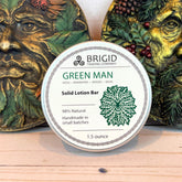 green man solid lotion bar by brigid trading company beeswax shea butter and mango butter solid lotion bar natural ingredients raw oils olive sunflower jojoba almond handmade in small batches made in the usa manufactured in america washington state usa