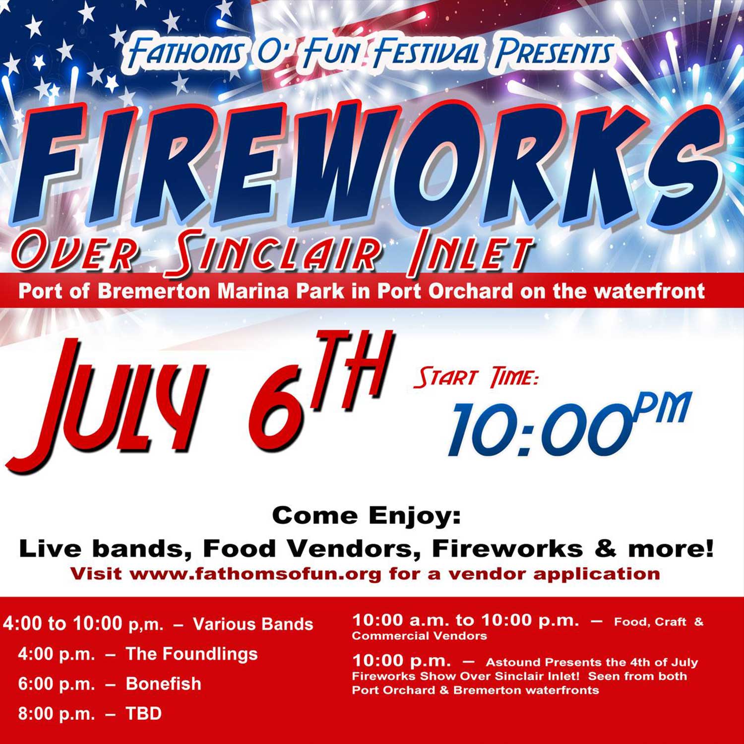 fathoms of fun fireworks show july 6 2024 over sinclair outlet live bands live vendors fireworks port orchard kitsap county washington state