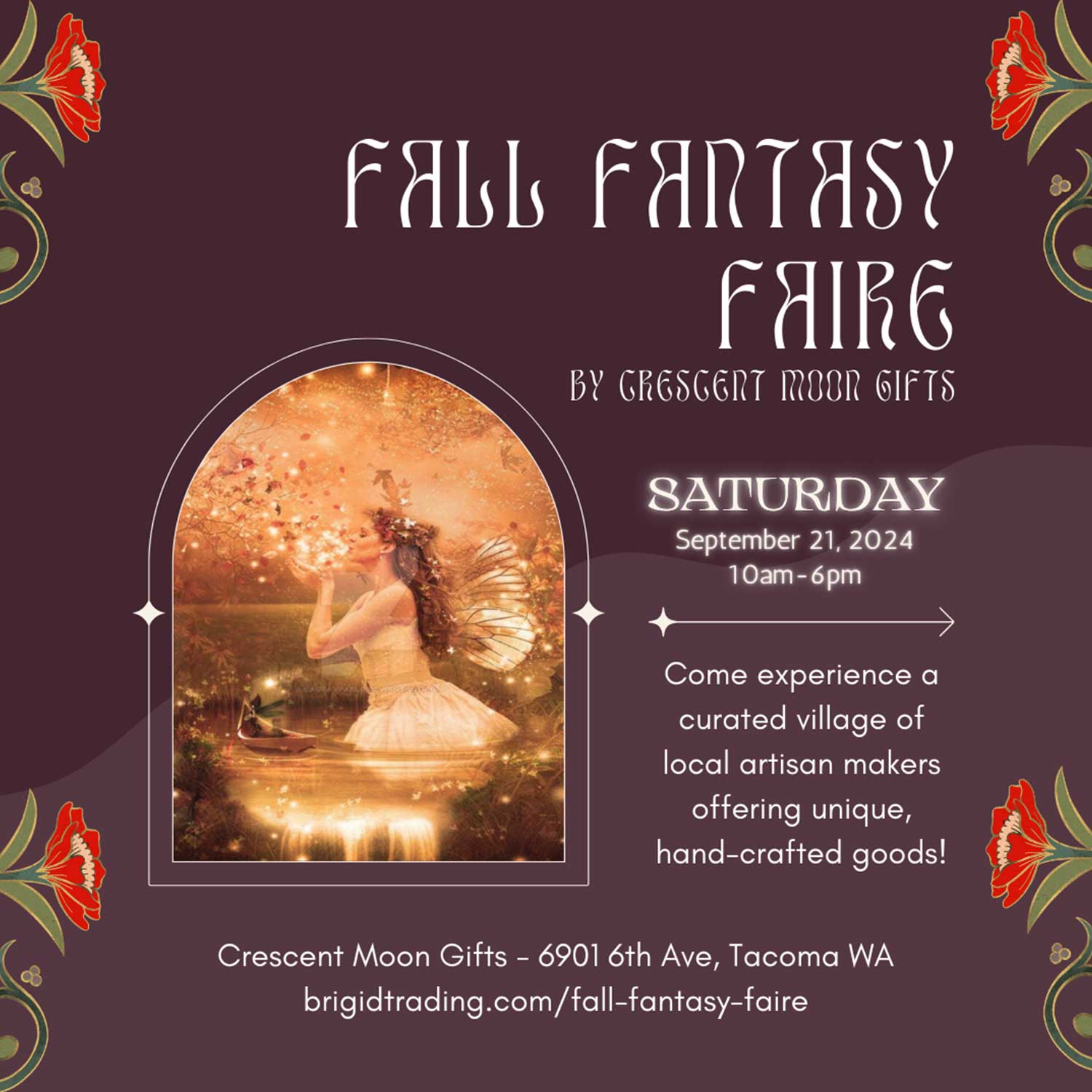 fall fantasy faire banner with magical background and fairy image in arch poster for brigid trading company llc september 2024 tacoma washington