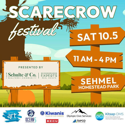 scarecrow festival flyer saturday october 5 2024 11 to 4pm in sehmel homestead park gig harbor with brigid trading company llc vending washington state makers markets