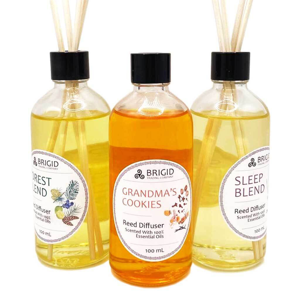 brigid trading company reed diffuser collection grandma's cookies sleep blend forest blend bottles with reeds kitsap county washington state