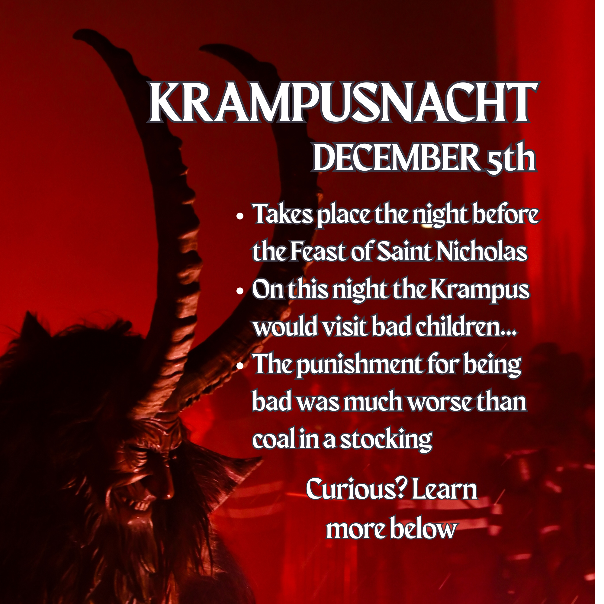 Silhouette of a Krampus creature against a red background with text about Krampusnacht