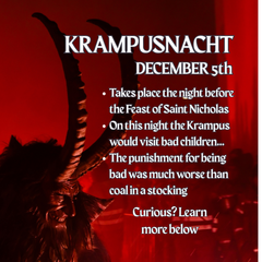 Silhouette of a Krampus creature against a red background with text about Krampusnacht