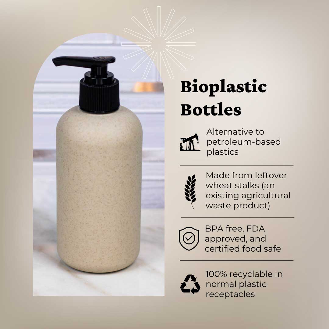 bioplastic bottles eco plastic alternative to petroleum-based plastics made from leftover wheat stalks (an existing agricultural waste product) bpa free fda approved and certified food safe 100 percent recyclable in normal plastic receptacles excellent alternative to oil production plastics by brigid trading company kitsap county washington state united states of america