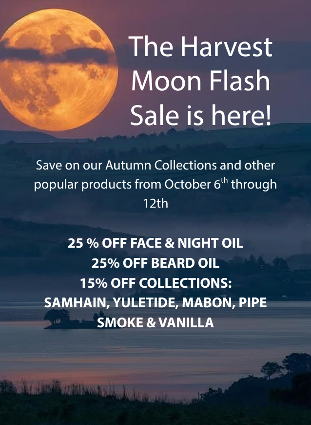 Promotional graphic for 'The Harvest Moon Flash Sale' with a full moon over a landscape.