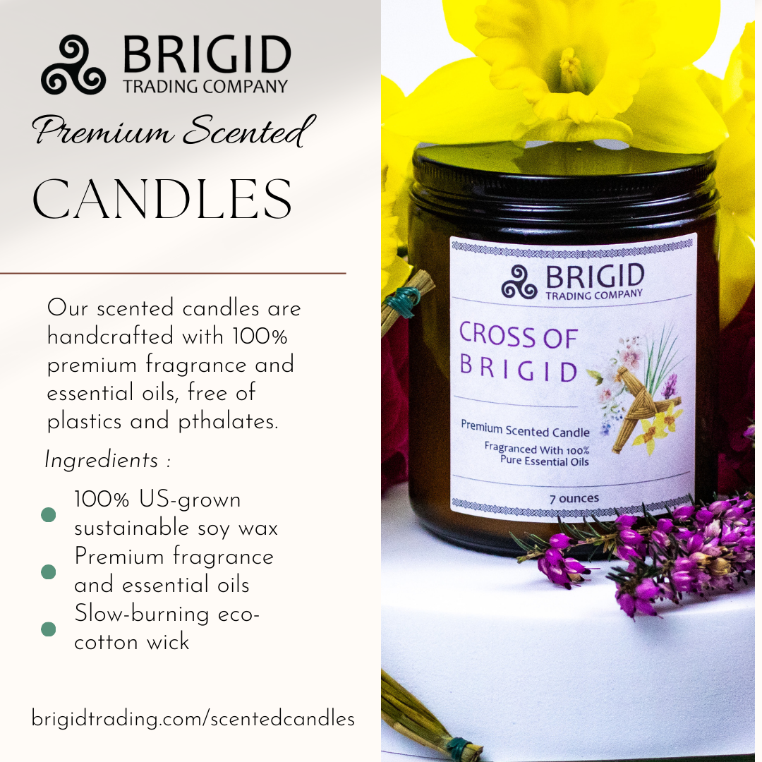 premium scented candles information by brigid trading company llc featuring bulleted text and an image of cross of brigid premium scented candle by brigid trading company