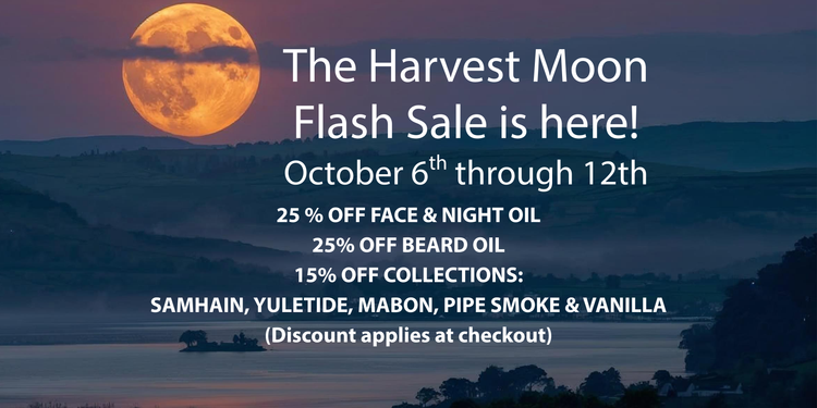 Harvest moon over a landscape with promotional text for a flash sale.