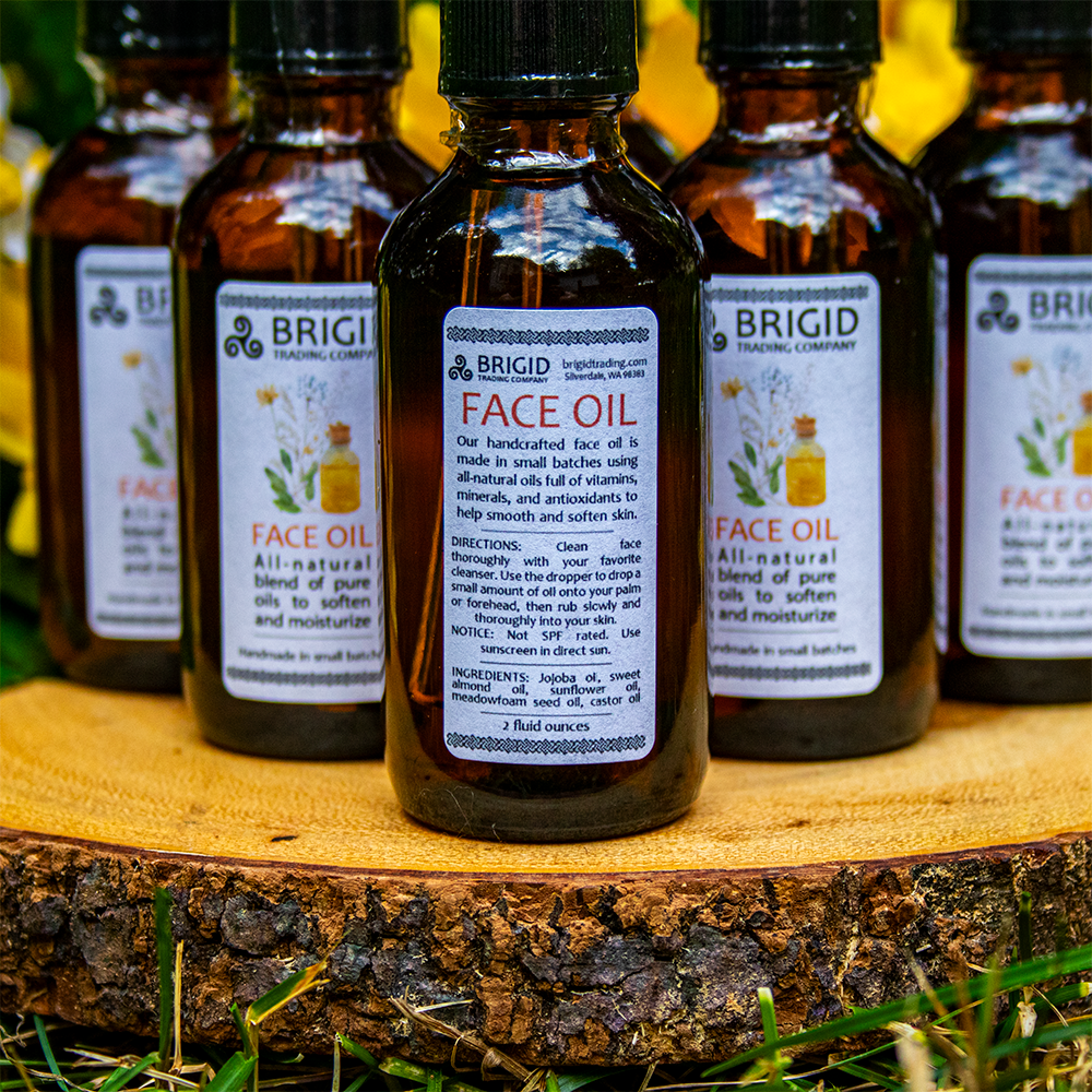 2 ounce all natural face oil by brigid trading company celtic irish jojoba oil sunflower oil sweet almond oil meadowfoam seed oil castor oil all natural skincare facial care small business washington state kitsap county wa