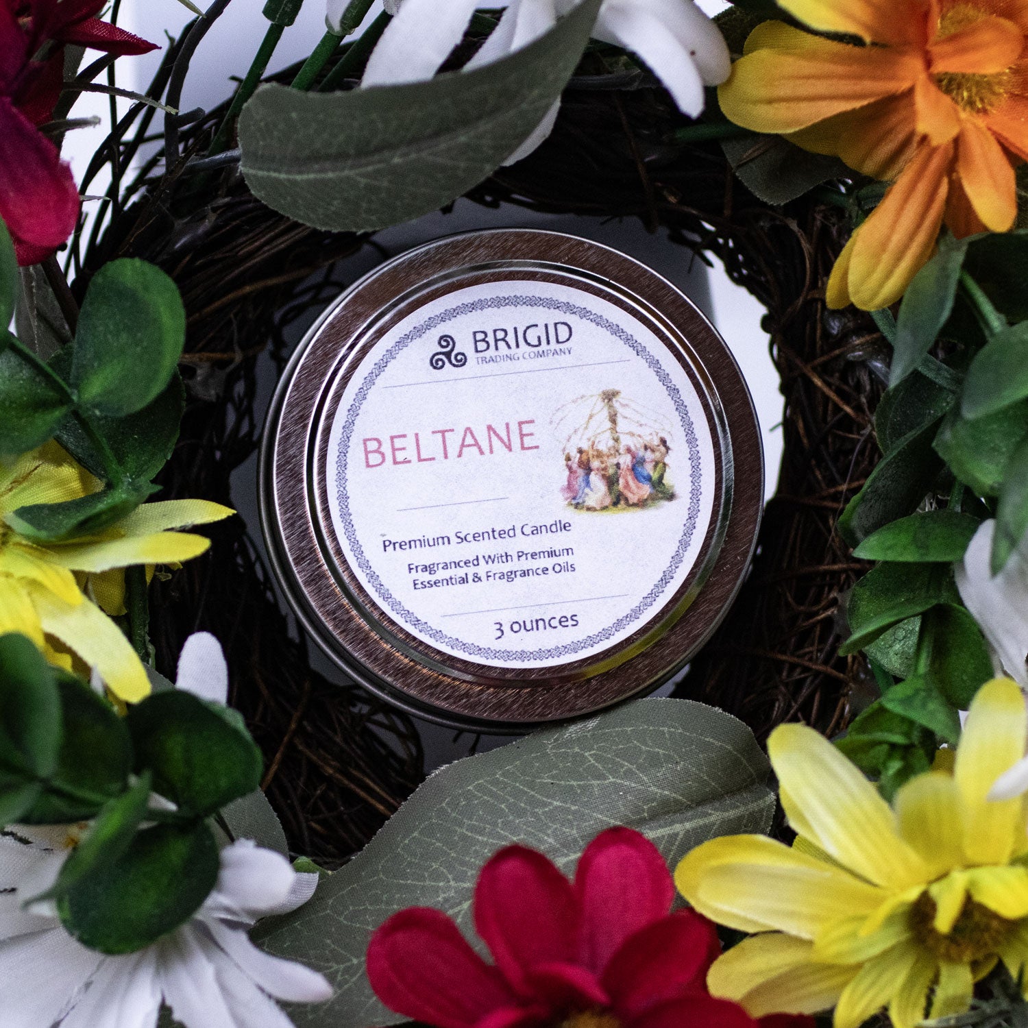 beltane 3 ounce oz tin eco soy wax candle by brigid trading company celtic irish holiday pagan catholic christian st patrick summer midsummer midsommar candle rose clary sage frankincense jasmine soy wax premium hand poured all natural candles no petroleum small business washington state kitsap county wa