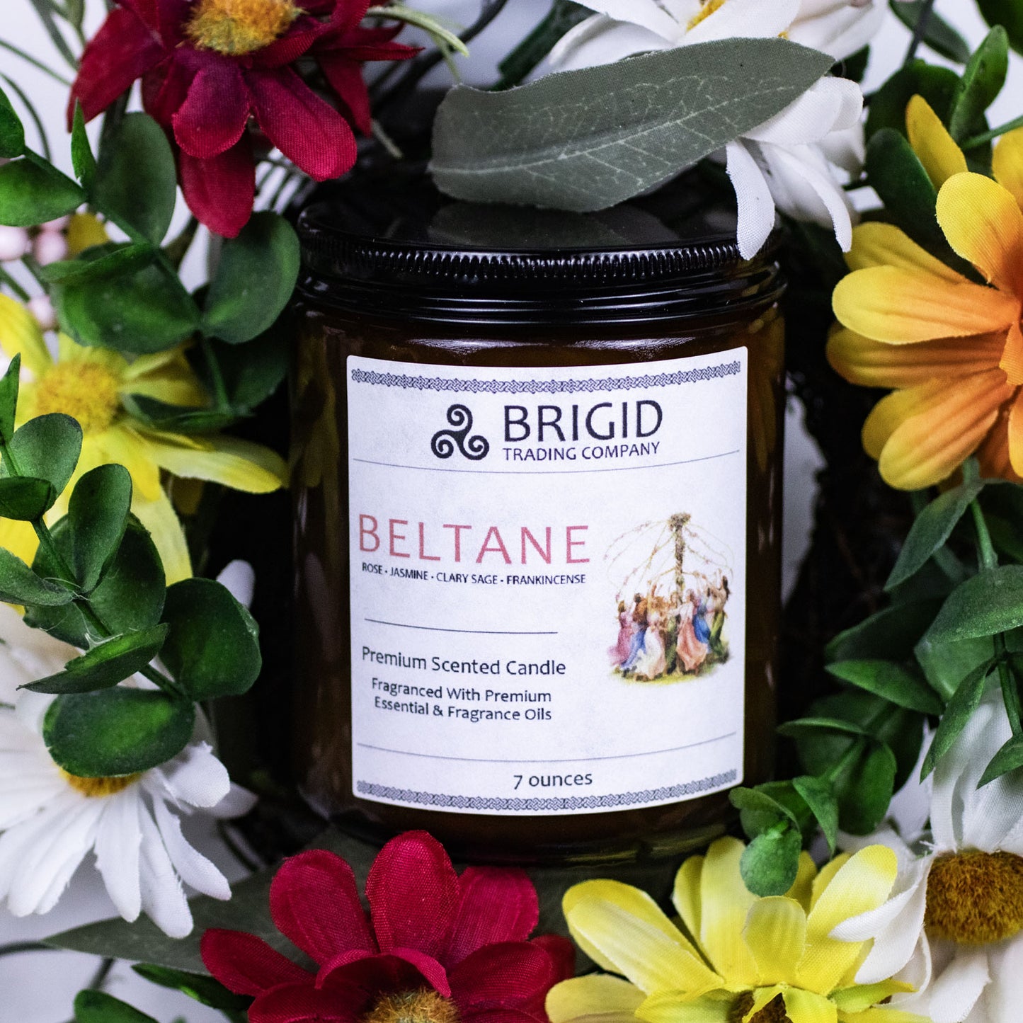 beltane 7oz amber glass jar candle close up beltane candle by brigid trading company celtic irish holiday pagan catholic christian st patrick summer midsummer midsommar candle rose clary sage frankincense jasmine soy wax premium hand poured all natural candles no petroleum small business washington state kitsap county wa