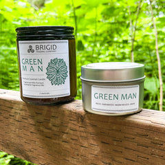 green man candles 7oz and 3oz outside shoot glass jar and tin two sizes original rainforest fresh scent with moss rainwater warm woods and musk celtic candles soy wax premium made in washington state hand made