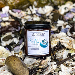 son of the sea candle by brigid trading company mannanen mac lir celtic mythology story candle ocean mist and saddle leather scent made in kitsap county washington state usa amber jar with art label on the beach rocks oyster shells and rocks seaweed scenic beach