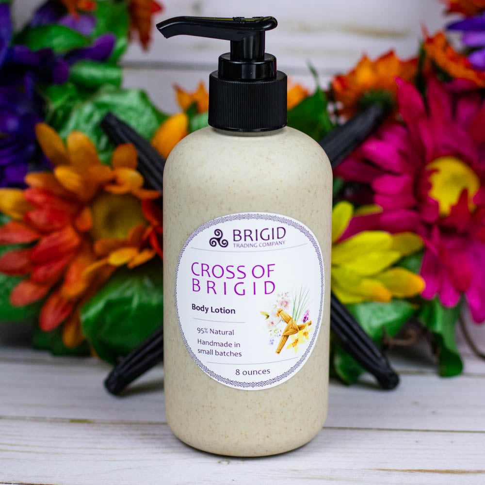 cross of brigid body lotion natural hand made in kitsap county vetiver heather narcissus daffodil and rose oil fragrance shea butter body lotion all natural oils sweet almond extra virgin olive oil organic jojoba oil and sunflower oil made in washington by brigid trading company original studio photography by brigid trading company llc 2025