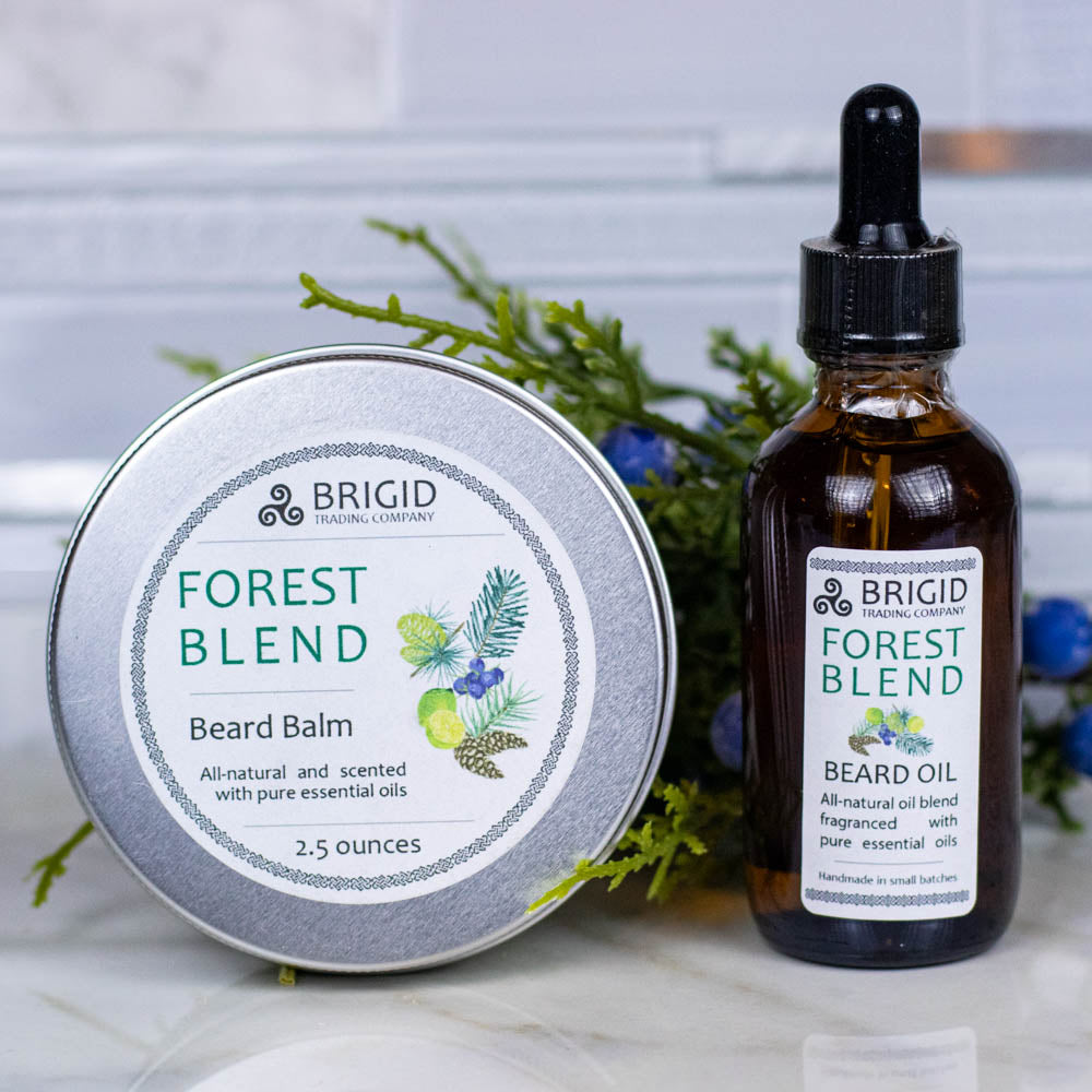 forest blend beard balm all-natural and scented with pure essential oils beard care for him male man facial care for beards beardos balsam fir pine lime citrus rainforest pacific northwest washington state handmade by brigid trading company llc beard oil and beard balm duo gifts for him dad brother cousin nephew adult guys presents for father’s day artisan hand crafted shaping moustache softening beard sleek shine relax hair smooth frizz