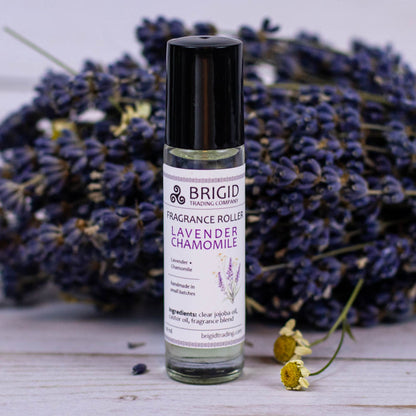 brigid trading company fragrance roller image studio photography by brigid trading company 2024 glass clear bottle with metal ball roller for perfume fragrance essential oil roller ball hand made by brigid trading company kitsap county washington state pacific northwest lavender chamomile