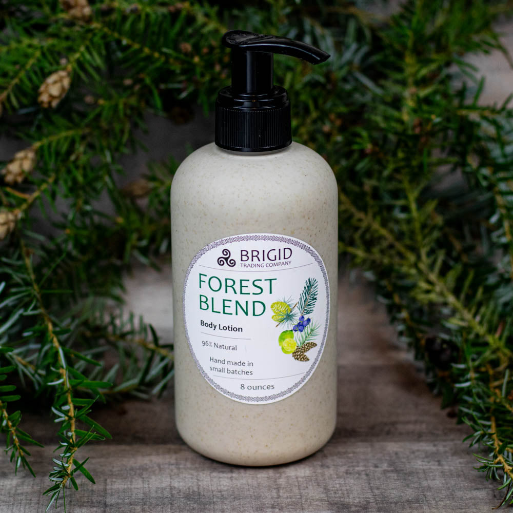 forest blend body lotion by brigid trading company llc juniper pine balsam cedar lime scented essential oil aromatherapy grade lotion natural by brigid trading company llc kitsap county washington state wheat straw bottle made with eco recyclable plastic gift giving lotion sets made in washington state bremerton silverdale pump bottle only eight ounces small independent hand crafted