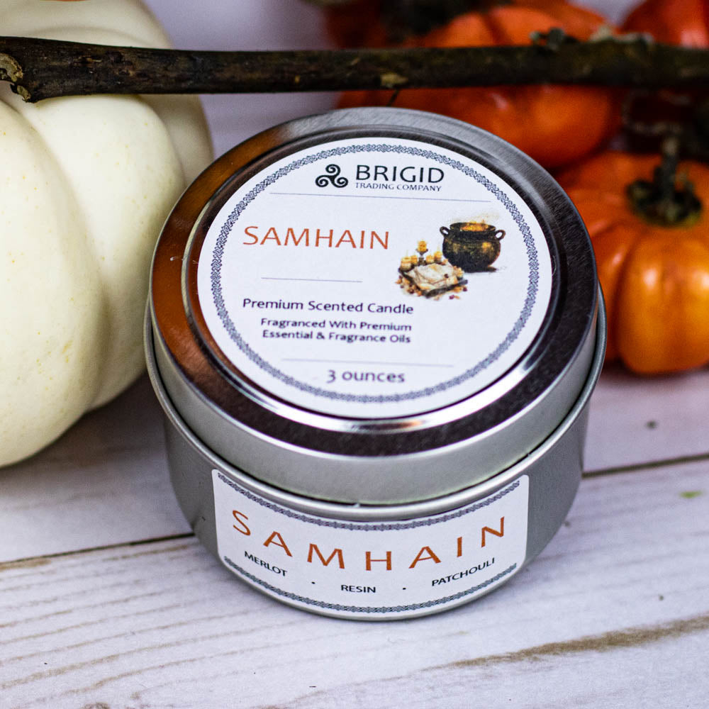 samhain premium soy wax candle celtic spirituality premium scented candles from brigid trading company llc dragons blood resin merlot spices patchouli scent candles large and small handmade in washington state kitsap county 3 ounce tin in aluminum container