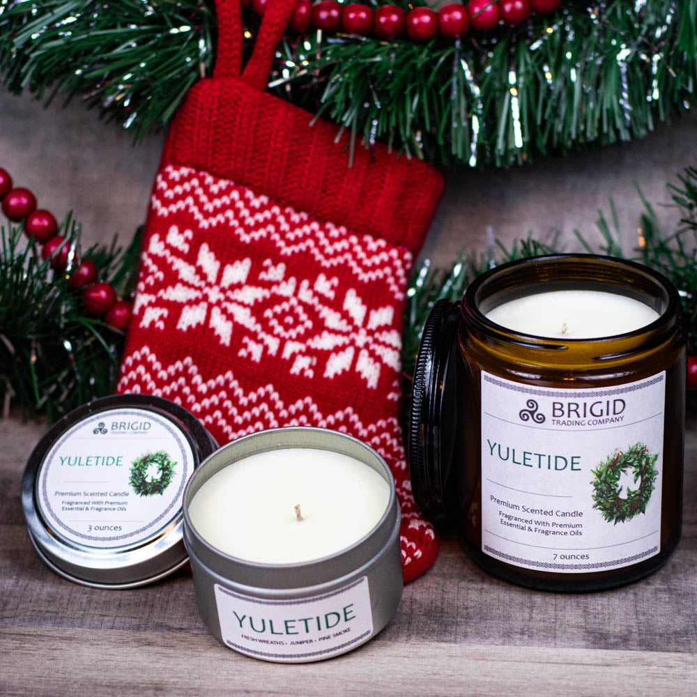 yule tide christmas candle duo set small and large candle set tin and glass amber jar choose which size made in washington state kitsap county premium soy wax candles made with essential oils and fragrance oils christmas xmas yule wheel of the year winter stocking stuffers and small gifts for scent fans fragrance aromatherapy