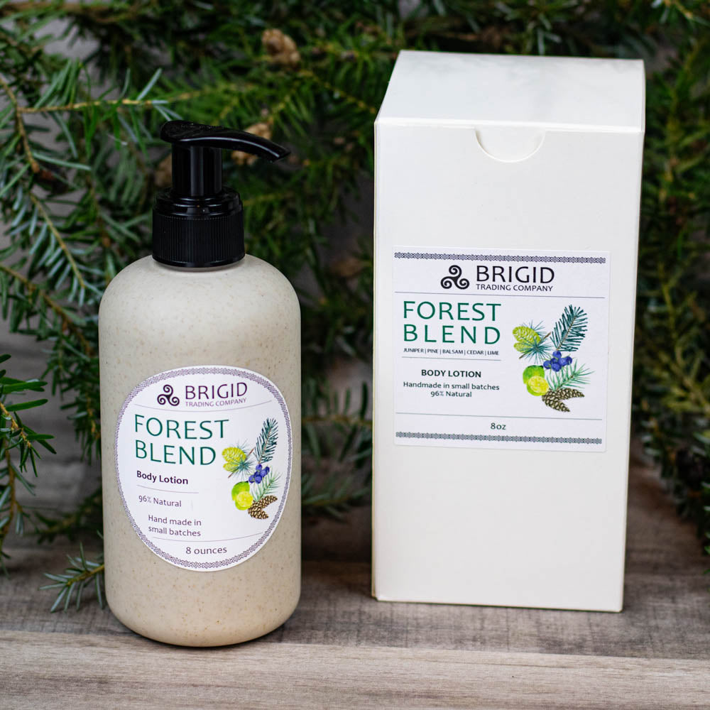 forest blend body lotion by brigid trading company llc juniper pine balsam cedar lime scented essential oil aromatherapy grade lotion natural by brigid trading company llc kitsap county washington state wheat straw bottle made with eco recyclable plastic and gift box gift giving lotion sets made in washington state bremerton silverdale