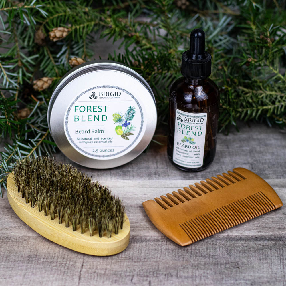 beard care gift set brush and comb duo with beard balm and beard oil forest blend scent dropper bottle and aluminum tin gifts for him beard gifts independent and handmade items made in washington state bremerton silverdale