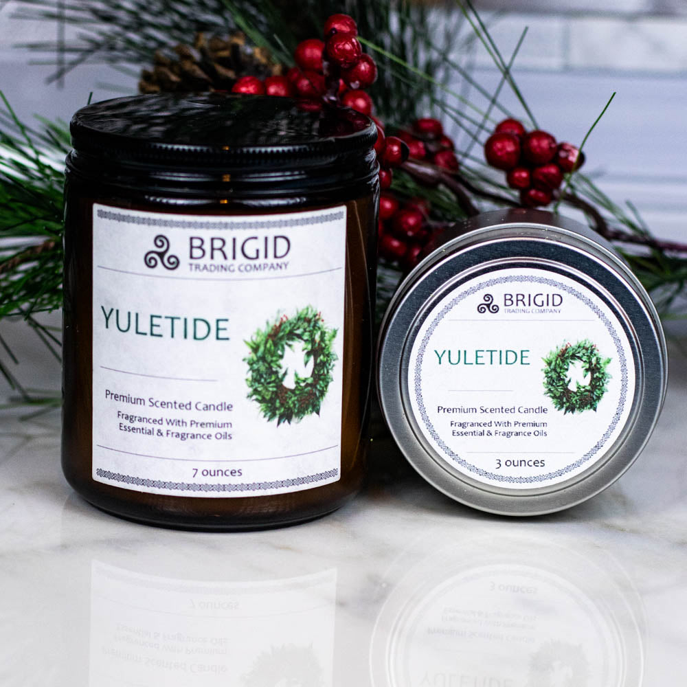 yule yuletide candles 7 ounce and 3 ounce candles soy wax premium holiday candle candles glass jar candle aluminum tin by brigid trading company celtic christmas style triskellion logo premium scented candles made in washington state usa