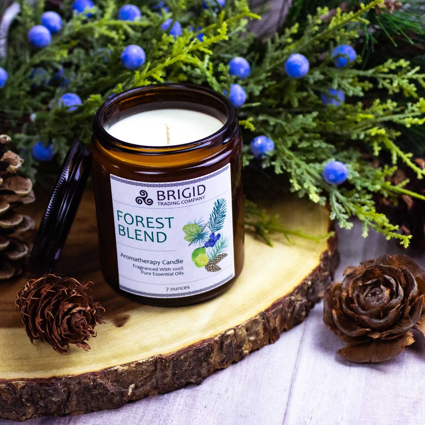 forest blend candle 7 ounce jar with pine balsam lime juniper berry detail lifestyle shot forest pinecones soy wax all natural essential oils by brigid trading company llc kitsap county washington state united states distance lifestyle