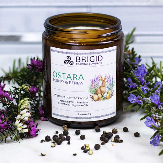 ostara premium soy wax candle, ostara soy wax candle purify and renew premium scented candle bougee parfumee fragrance and essential oils brigid trading company llc washington state kitsap county ireland usa all natural cotton wick