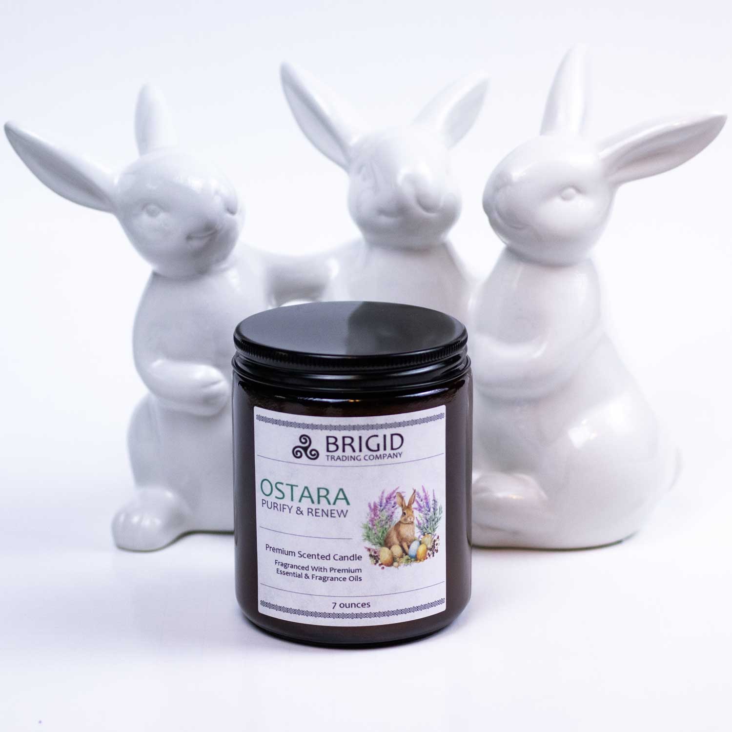 ostara premium soy wax candle, ostara easter candle with rabbits and easter eggs by brigid trading company llc kitsap county soy wax premium natural candle with cotton wick seven ounce 7 glass jar hand made small business