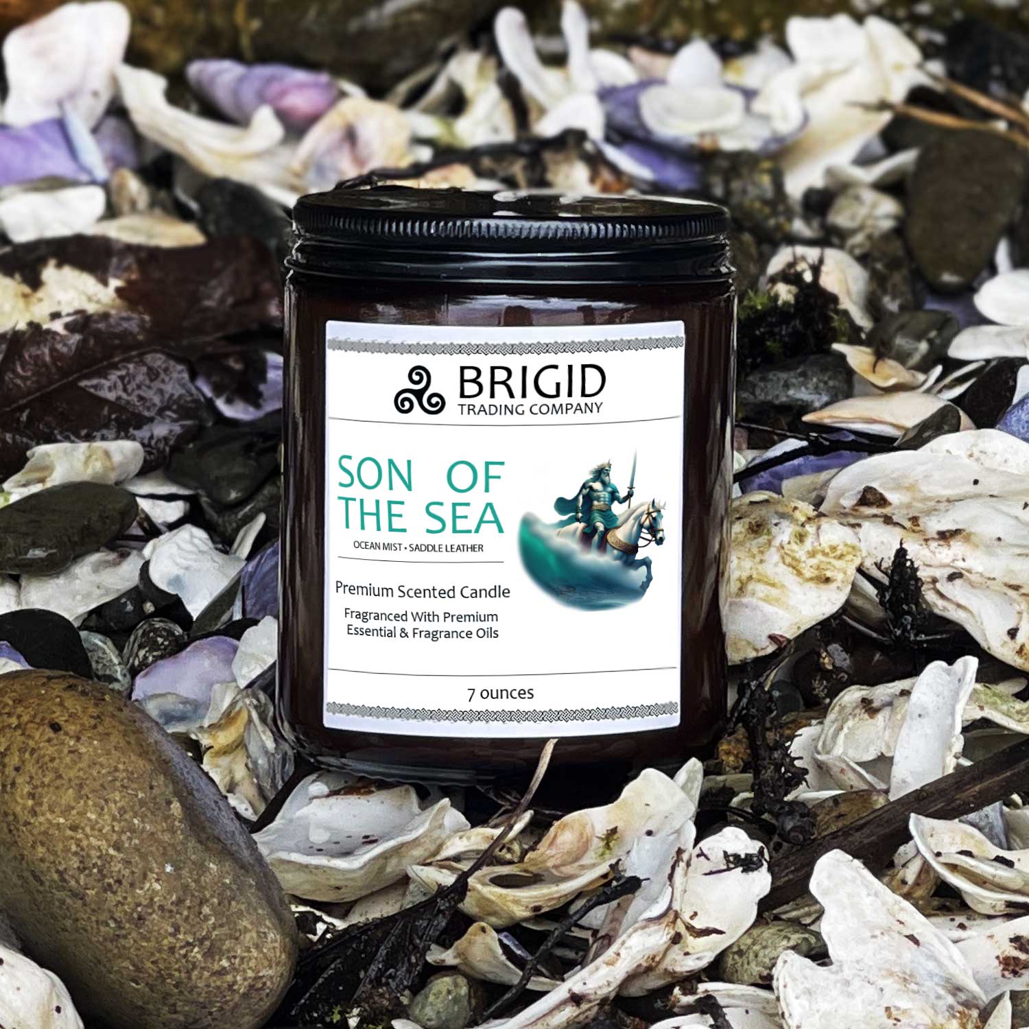 son of the sea candle by brigid trading company mannanen mac lir celtic mythology story candle ocean mist and saddle leather scent made in kitsap county washington state usa amber jar with art label