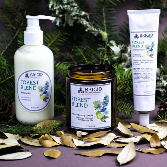 forest blend gift set by brigid trading company llc aromatherapy candle hand lotion body lotion trio gift set hand made in kitsap county washington state united states