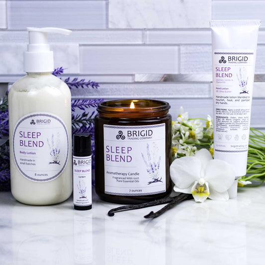 sleep blend gift set studio photography shot of bathroom or kitchen counter sleep blend body lotion lip balm aromatherapy candle and hand lotion four piece set by brigid trading company kitsap county washington state united states
