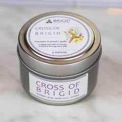 cross of brigid small 3oz candle in tin heather rose narcissus vetiver scent by brigid trading company premium soy wax candle long burning strong scent for imbolc celtic holidays wheel of the year