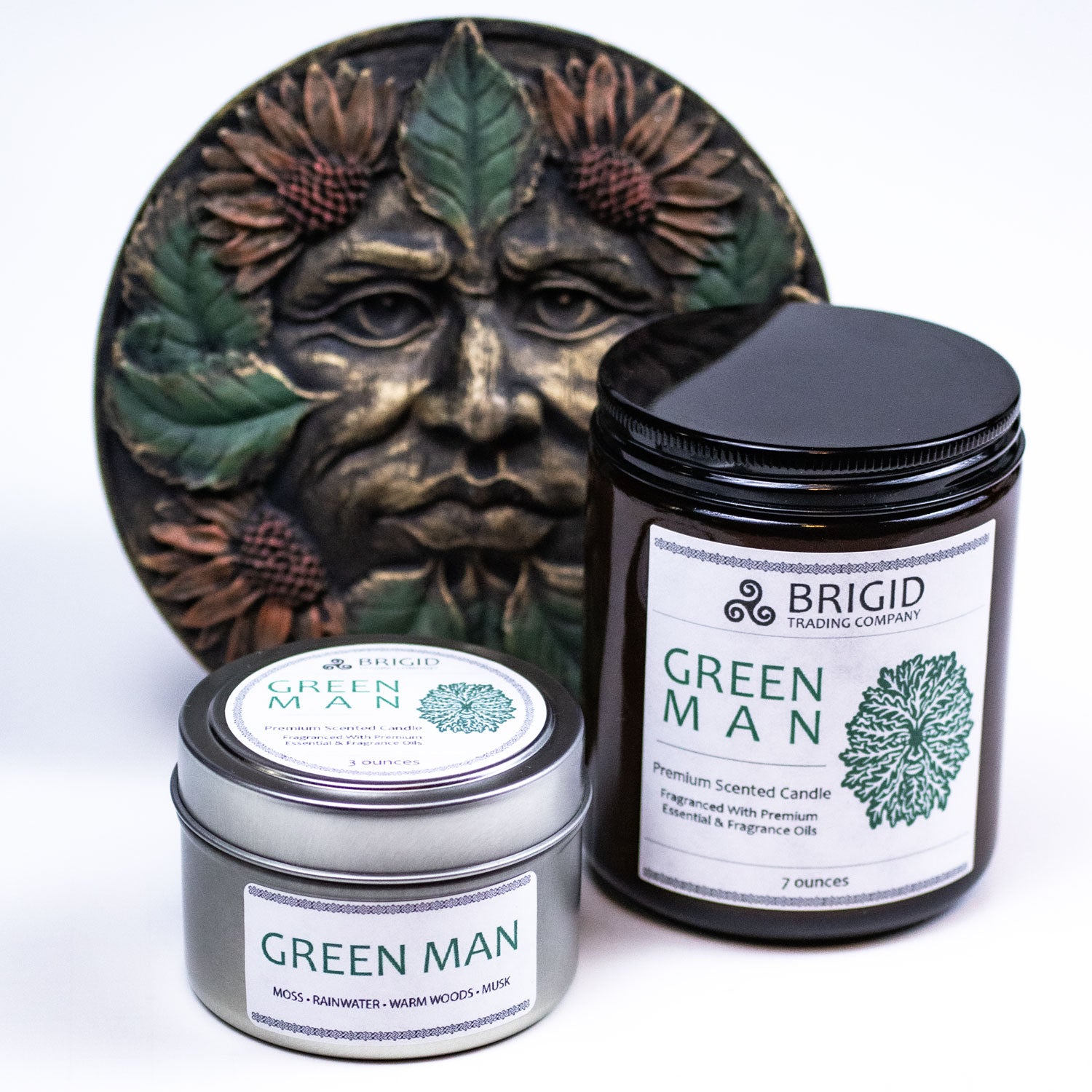 green man candle 7oz 3oz premium soy wax bougie parfumee candles handmade in kitsap county summer green man white background photography by brigid trading company llc washington state silverdale bremerton kitsap