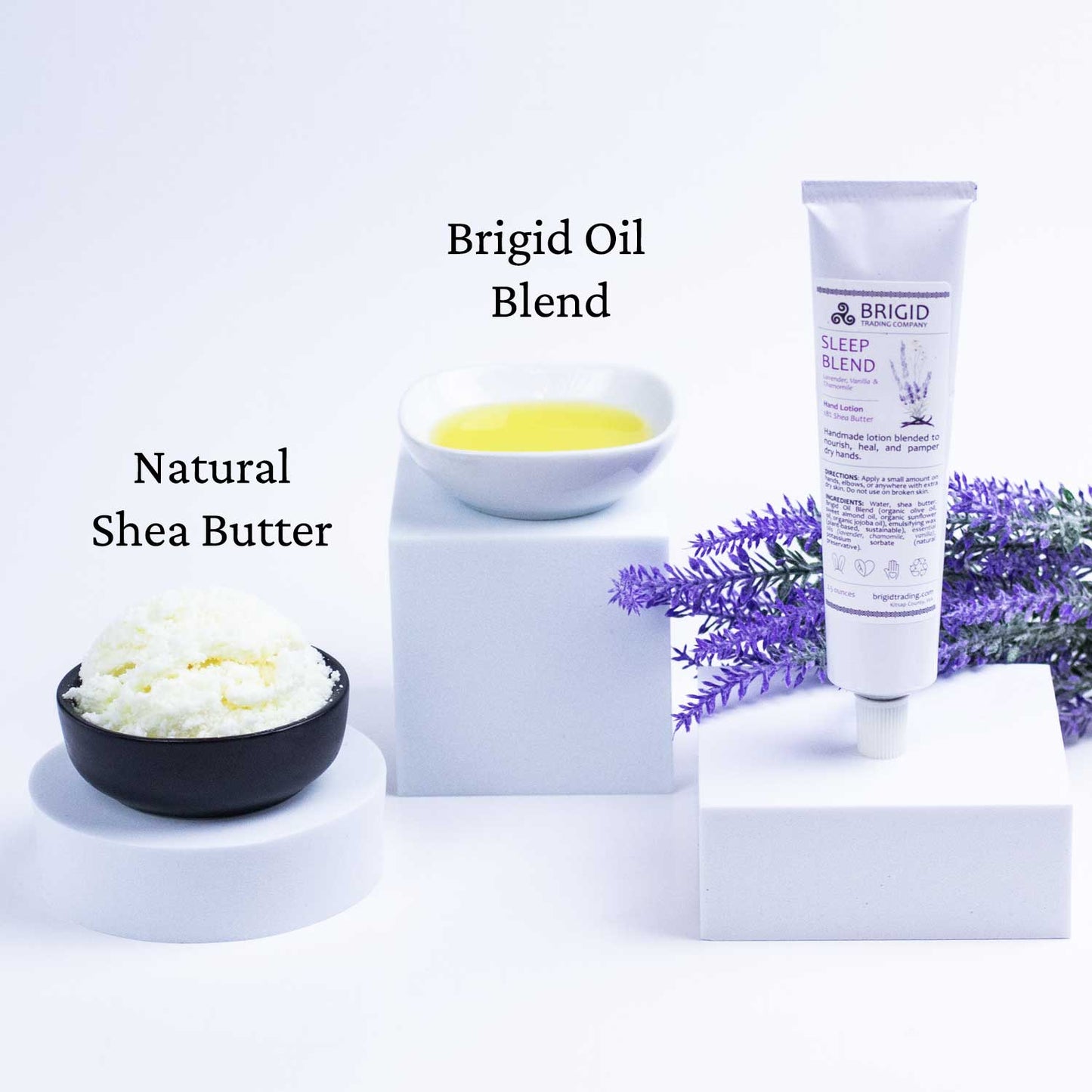 brigid sleep blend hand lotion bottle studio photography original featuring natural shea butter brigid oil blend and lavender flower props on white background by brigid trading company washington state united states