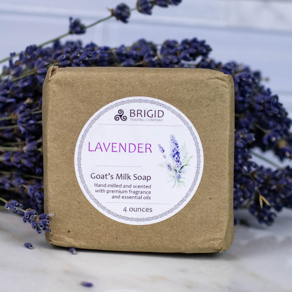 goats milk soap natural by brigid trading company lavender scent hand milled lavender lavender and guess what more lavender image bar of soap with a bushel of lavender behind it on a neutral background kitsap county washington state