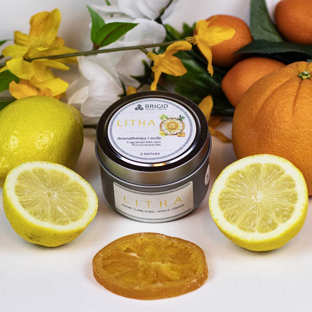 litha candles 3 ounce and 7 oz aromatherapy candle midsummer midsommer solstice litha holiday brigid trading company celtic holidays lemon orange citrus with myrtle ylang ylang smooth refreshing fresh brigid trading company llc