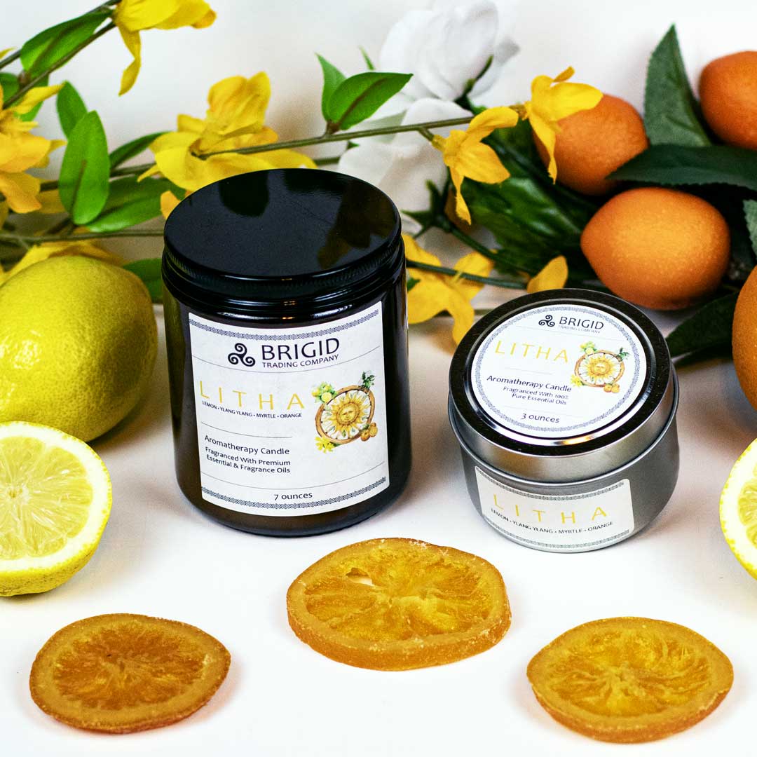 litha candles 3 ounce and 7 oz aromatherapy candle midsummer midsommer solstice litha holiday brigid trading company celtic holidays lemon orange citrus with myrtle ylang ylang smooth refreshing fresh brigid trading company llc