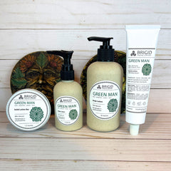 green man lotion collection solid lotion bars body lotion 4oz and 8oz and 2.5 oz hand lotion tube eco friendly packaging hand made in washington state perfect gift for irish celtic fan scottish catholic christian pagan traditions european neolithic spirituality by brigid trading company llc