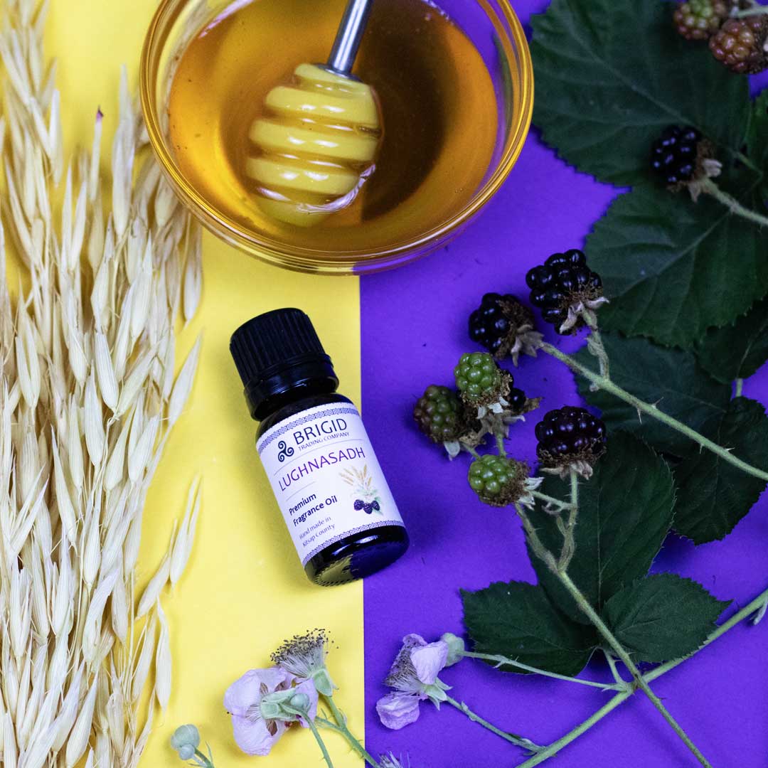 lughnasadh yellow and purple background with dried oats blackberries and honey premium fragrance diffuser oil blackberry and oatmeal handmade in kitsap county washington state usa oil for home diffuser humidifier bedside winter dry air fun scent