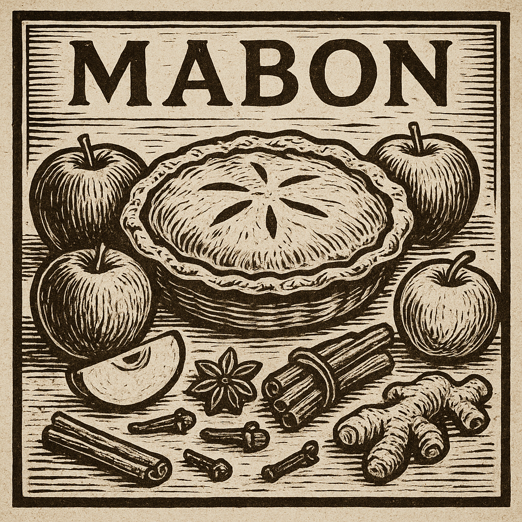 Woodcut-style illustration of a pie with apples, cinnamon sticks, and other spices, labeled 'MABON'.