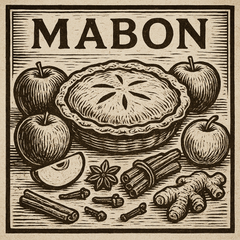 Woodcut-style illustration of a pie with apples, cinnamon sticks, and other spices, labeled 'MABON'.