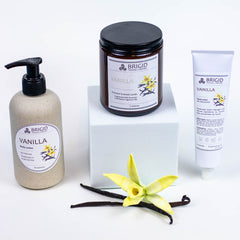 vanilla body lotion seven ounce soy wax candle and hand lotion gift set image studio photography by brigid trading company llc gifts for her comforting soothing good for sensitive skin natural products hand made in washington state