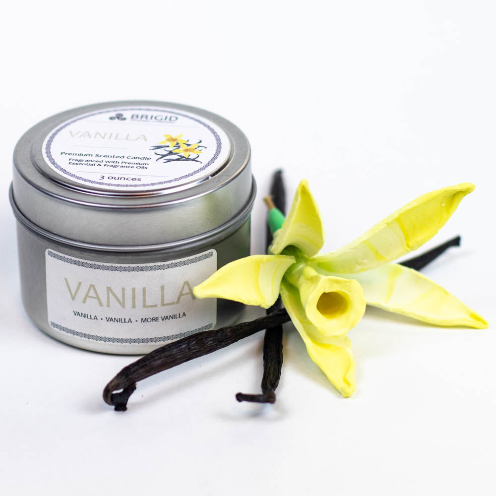 vanilla premium soy wax candle by brigid trading company kitsap county washington handmade us grown sustainable soy wax independent company large and small vanilla candles on white background with vanilla flower and vanilla pods original studio photography by brigid trading company llc 2025 small candle 3 ounces in tin container travel candle natural fragrance soft vanilla french