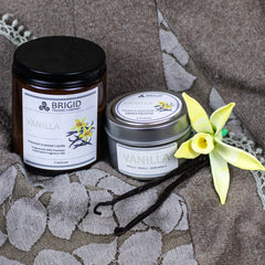 vanilla candle 7oz 3oz large and small by brigid trading company llc made in kitsap county washington state image shows candle duo vanilla scented premium soy wax candle celtic myth themed for home winter gift gifts for him her them made with love for winter midwinter comfort