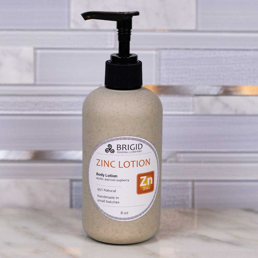 zinc infused lotion body lotion organic red raspberry seed oil meadowfoam seed oil and zinc oxide non-nano created by brigid trading company llc washington state kitsap county